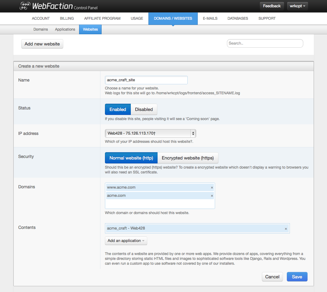 Screenshot of creating a new Website in the Webfaction control panel